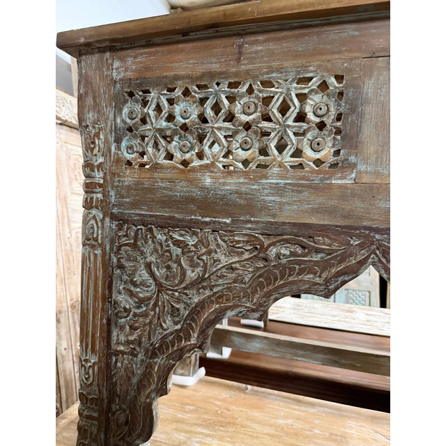 Mid-Century Modern 1920s Hand-Carved Lattice Console Table – Ornate Solid Wood Hallway Accent For Sale - Image 3 of 6