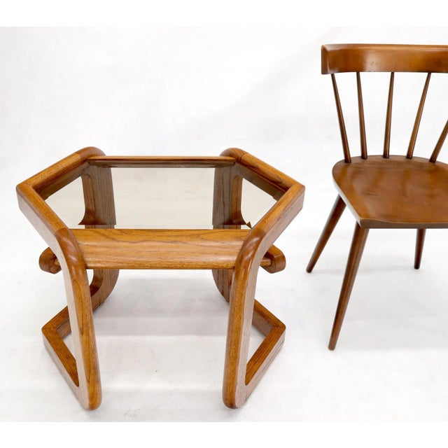 Mid 20th Century Hexagon Smoked Glass Oak Base Floating Shelf Side End Table For Sale - Image 5 of 10