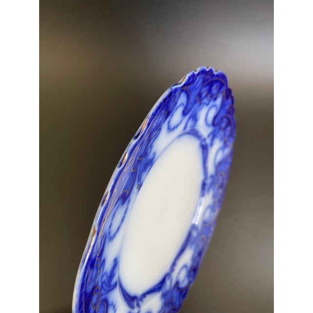 Blue Antique Henry Alcock Delamere Flow Blue Dinner Plate With Gold Accents For Sale - Image 8 of 9