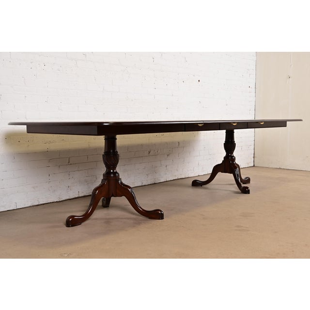 Baker Furniture Company Baker Furniture Style Georgian Banded Mahogany Double Pedestal Extension Dining Table, Newly Refinished For Sale - Image 4 of 13