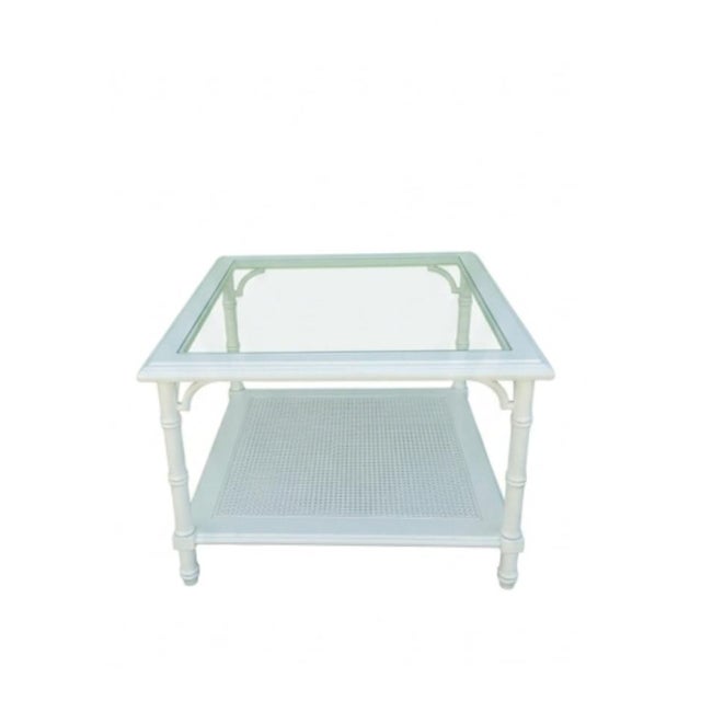 Vintage Faux Bamboo Regency Oversized White Glass Top Cane Bottom Shelf Square Side Coffee Tables- a Pair For Sale - Image 9 of 11