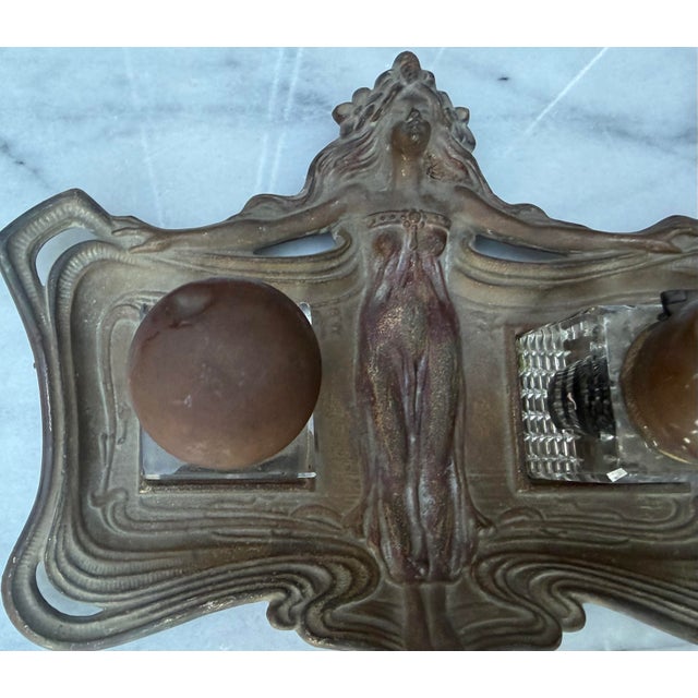 French Art Nouveau Figural Brass Double Inkwell Desk Set For Sale - Image 10 of 10