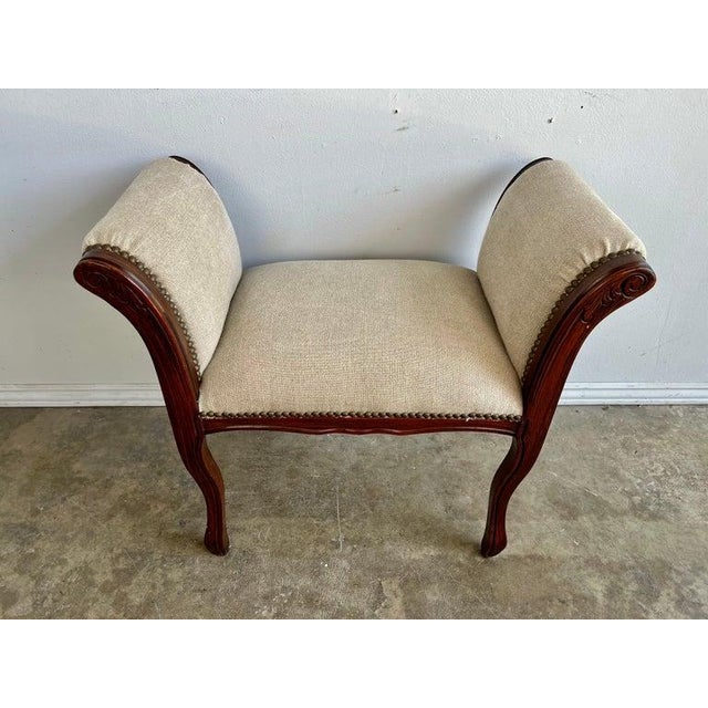 French Provincial French Linen Upholstered Bench C. 1940's For Sale - Image 3 of 11