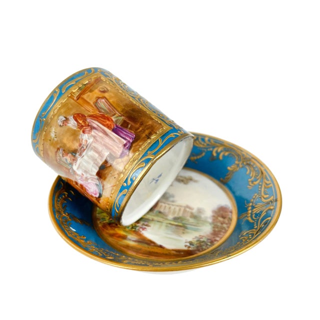 19th century French Blue Ground Porcelain Cup & Saucer. Blue Double Cross Mark. D: 5" H: 2-3/4".