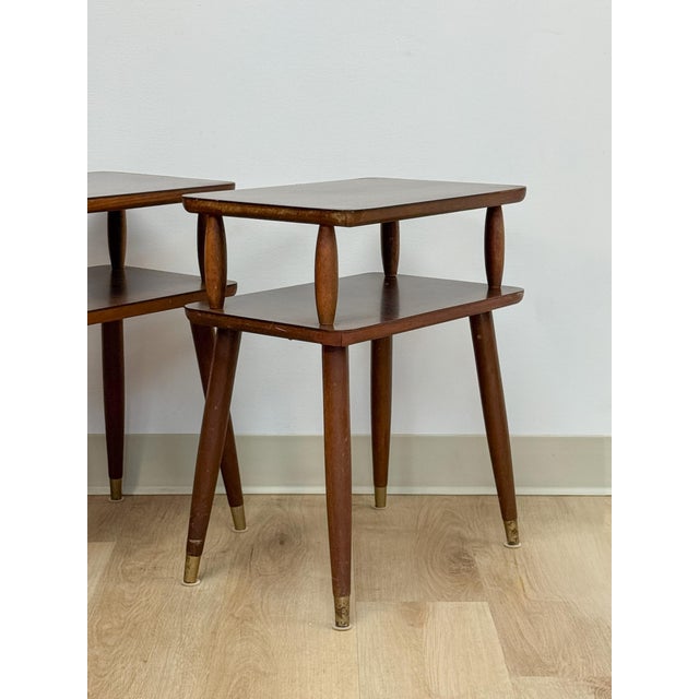 Vintage End Tables MCM Atomic Two-Tier Wood Laminate Pair Retro Accent For Sale - Image 9 of 15