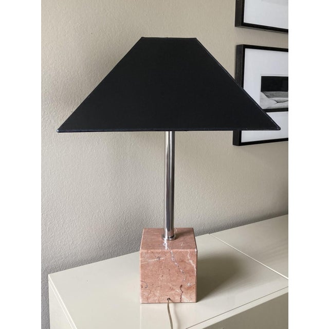 Postmodern 1980s Italian Pink Marble and Nickel Lamp With Gloss Black Paper Shade For Sale - Image 3 of 7