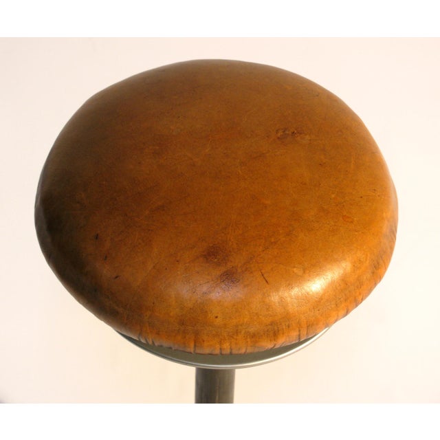 Industrial Antique Industrial Adjustable Pivoting Stool, Leather Seat For Sale - Image 3 of 6