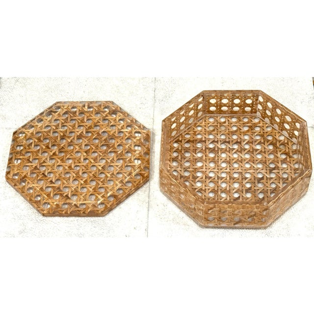 Tan Italian Dior Style Lucite Caning Rattan Octagonal Box For Sale - Image 8 of 11