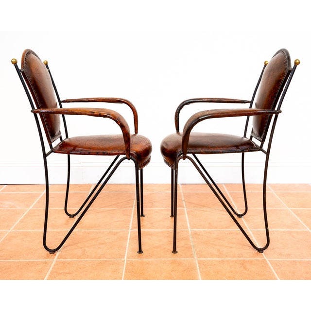 Mid-Century Bauhaus Modern Sculptural Leather Armchairs in Iron and Brass from Jacques Adnet, 1950s, Set of 2 For Sale - Image 11 of 18