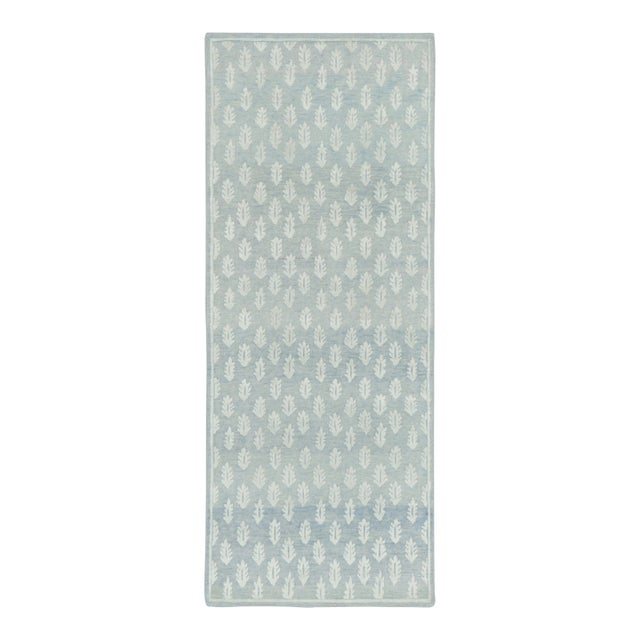 Rug & Kilim's Block Print Floral Runner in Blue & Ivory High-Low Design For Sale