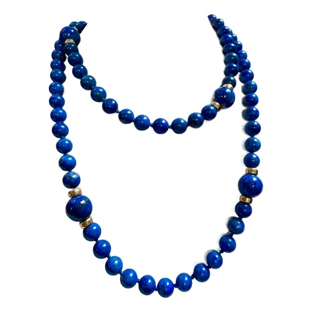Lapis Lazuli Single Strand Necklace 14 Kt Roundel Yellow Gold , 32 Inch For Sale