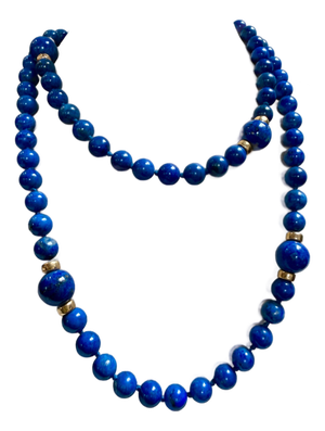 Lapis Lazuli Single Strand Necklace 14 Kt Roundel Yellow Gold , 32 Inch