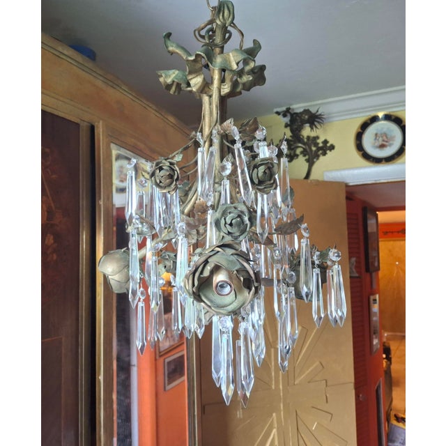 Stunning 1940's Hollywood Regency Gilt and Verdigris Patinated Bronze and Tole with Crystal Pendant Chandelier. 4 lights....