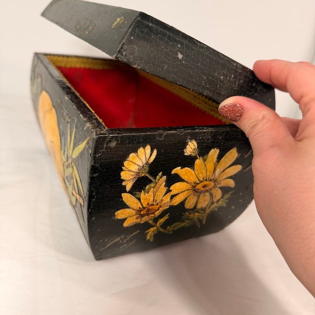 Vintage Hand Painted Chinese Wood Jewelry Box Black Lacquer Pig Flower Bamboo Red Interior For Sale - Image 4 of 13