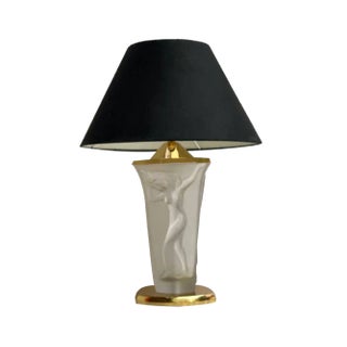 Vintage Table Lamp with Three Embossed Graces on the Opaque Glass & Black Shade For Sale