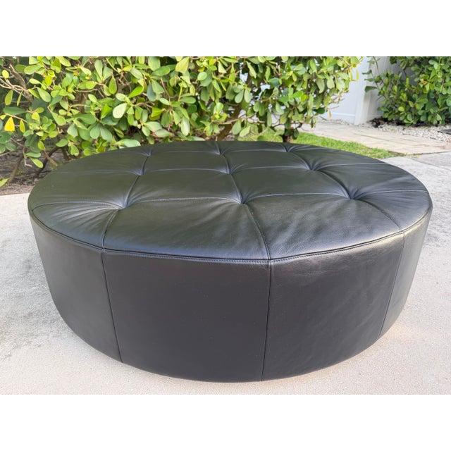 Early 21st Century Poltrona Frau Cubo D120 Black Pelle Leather Round Ottoman on Casters For Sale - Image 5 of 12