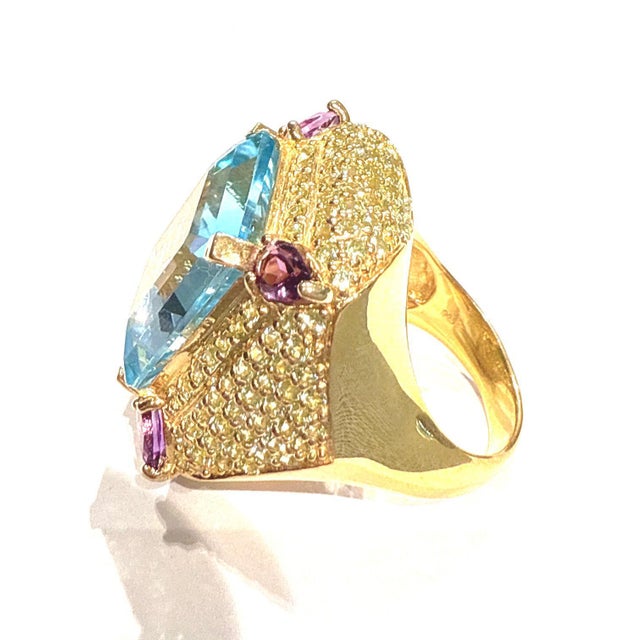 Bochic “Orient” Blue Topaz & Multi Gem Cocktail Ring Set In 18K Gold & Silver Natural Blue Topaz - 12 Carat Natural Rose...