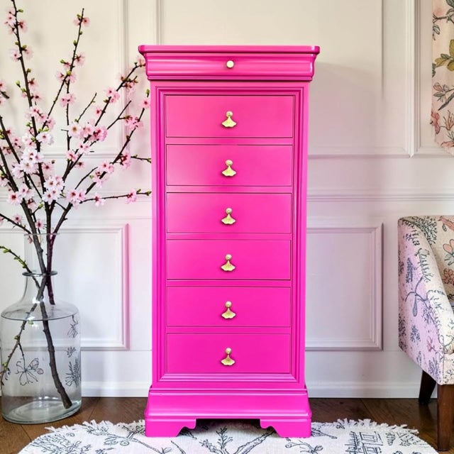 Hollywood Regency 1980s Thomasville Impressions Pink Lingerie Chest | Hot Pink Tall Dresser | Hollywood Regency Chest | Glam Bedroom Storage | Wallpaper Drawers For Sale - Image 3 of 11