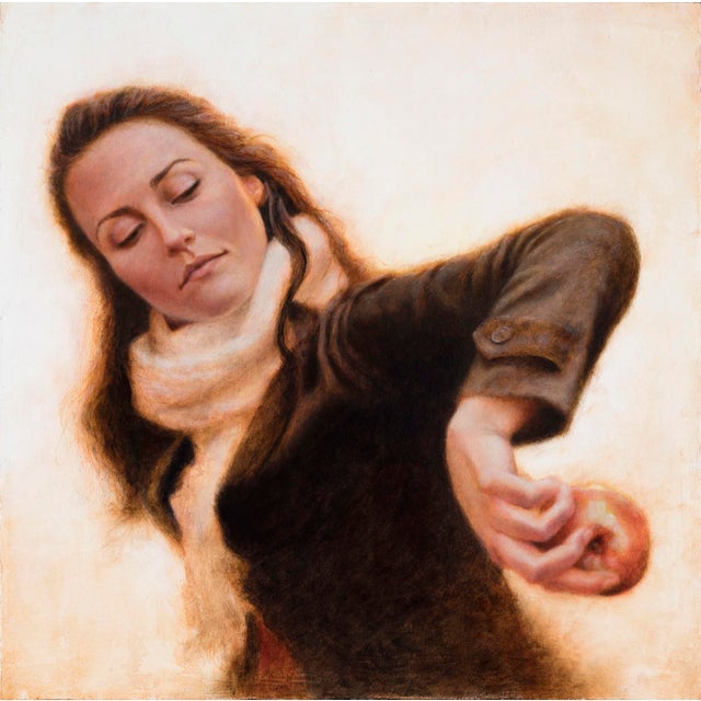 A Mirror to Presence by Ken Cunningham | Oil on cradled panel Woman holding an apple. For Sale