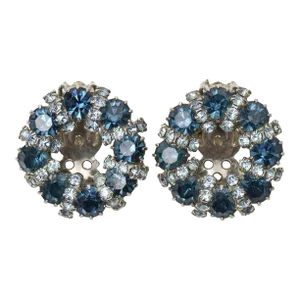 Vintage Weiss Signed Blue Glass and Rhinestone Clip on Earrings - 2 Pieces