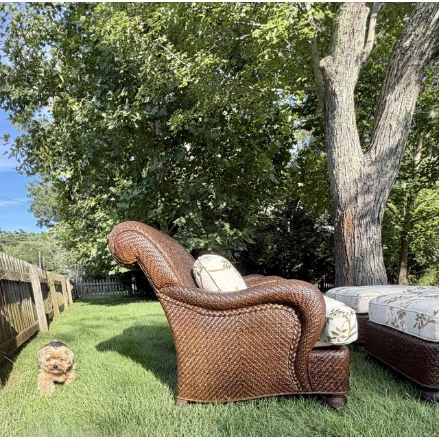 Wood Mark Hampton for Hickory Chair Woven Lounge Chairs & Ottomans in Colefax & Fowler—Set of 2 For Sale - Image 7 of 18