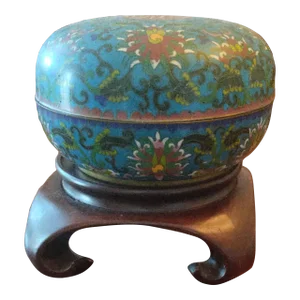 Antique Chinese Cloisonne Enamel Round Covered Box Shou Lotus Stand Included