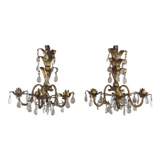 Hollywood Regency Italian Gilded Tole Candelabra Sconces - a Pair For Sale