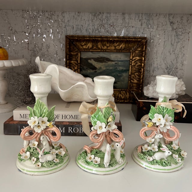 Charming 1980s Hand Crafted English Pottery Rabbit and Bird Candlestick Holders With Ribbon Detail - Set of 3 For Sale - Image 11 of 12