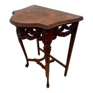 1920s French Victorian Demilune Console Table Hand Carved Petite Size Mahogany