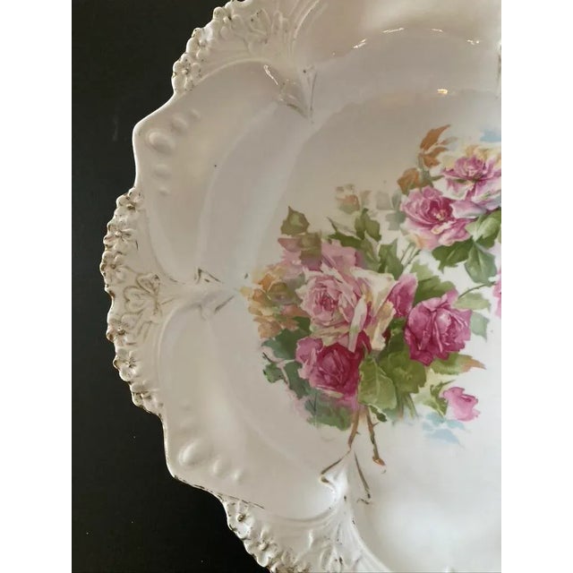 Rose Early 20th Century German White and Pink Rose Porcelain Serving Bowl by Prussia- Large For Sale - Image 8 of 12