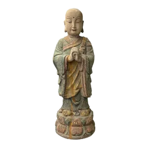 Chinese Rustic Wood Standing Prayer Hands Lohon Monk Statue
