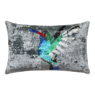 Hand-Knotted Silk Velvet Hummingbird Ikat Lumbar Pillow - 16x24 Silver Grey For Sale