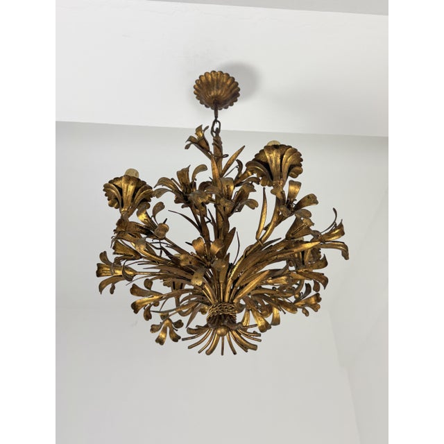 Mid-Century Modern Four-Light Chandelier in Gold-Colored Wrought Iron, Italy, 1950 For Sale - Image 3 of 9