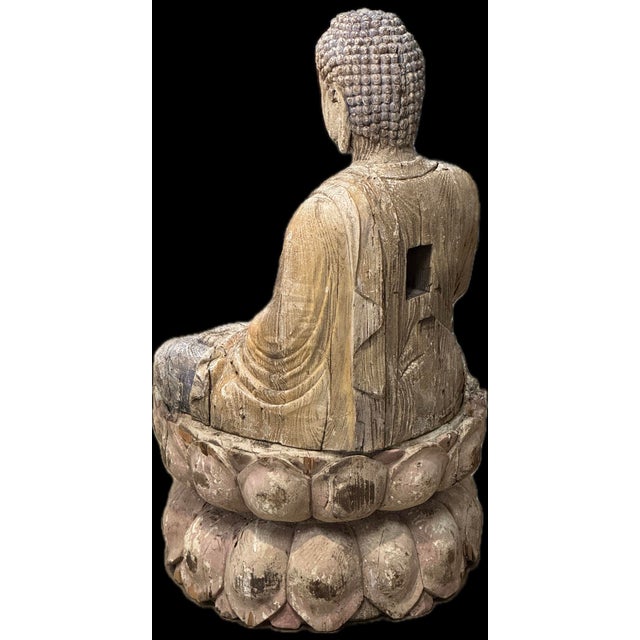 Antique Chinese Polychrome Wood Buddha on Double Lotus Base Large 42” For Sale - Image 10 of 10
