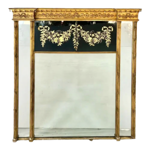 Large Federal Carved Giltwood and Eglomise Overmantel Mirror