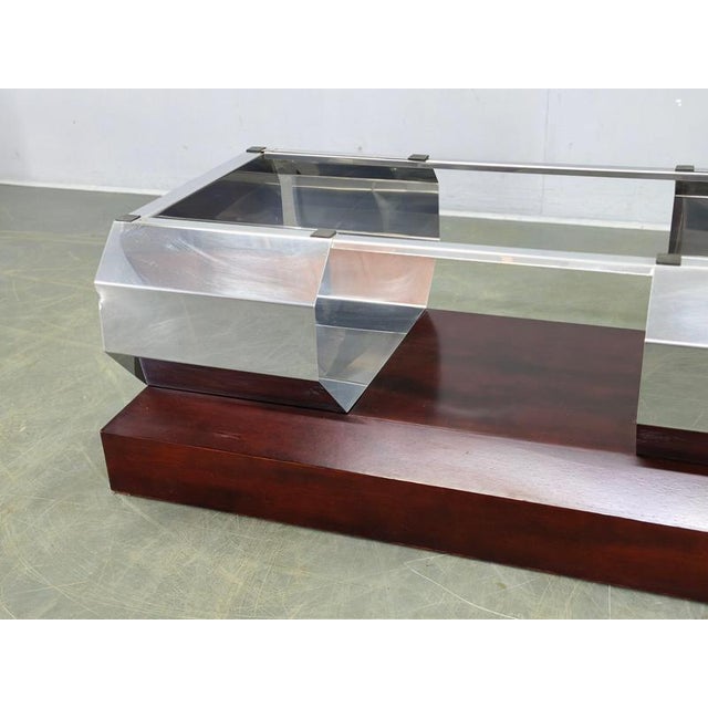 Italian Chrome, Smoked Glass and Wood Coffee Table, 1970s For Sale - Image 3 of 14