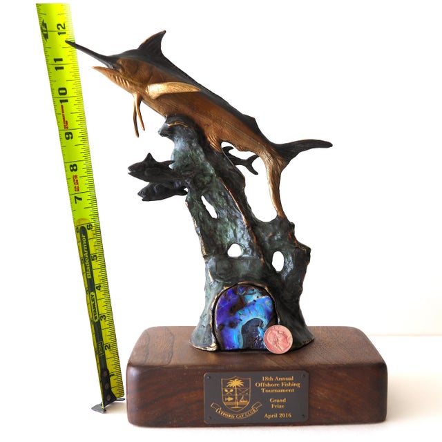 Realism Solid Bronze Lyford Cay Club Tournament Marlin Fishing Trophy by Bodo Muche Studio With Inset Opal Gem For Sale - Image 3 of 16