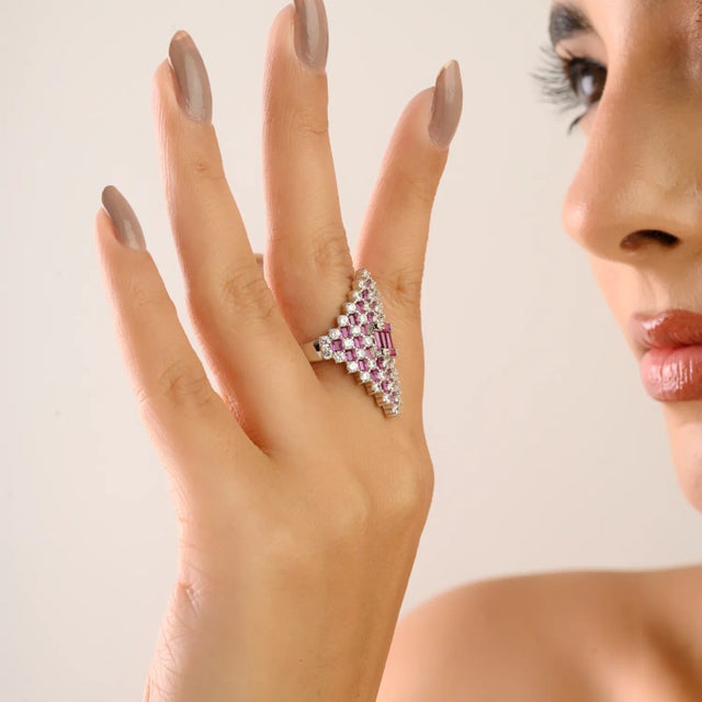 Red Sterling Silver Marquise Cluster Ring With Pink & Clear Cubic Zirconia Stones- Size 6 For Sale - Image 8 of 10