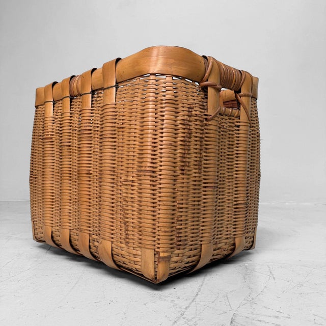 Wood Vintage Japanese Bamboo Basket with Handles, 1950s For Sale - Image 7 of 12