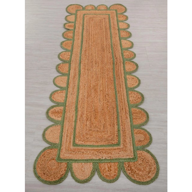 Olive Green Jute Scallop Handmade Bohomian Rug Runner 2.5x20 Ft. For Sale - Image 4 of 13