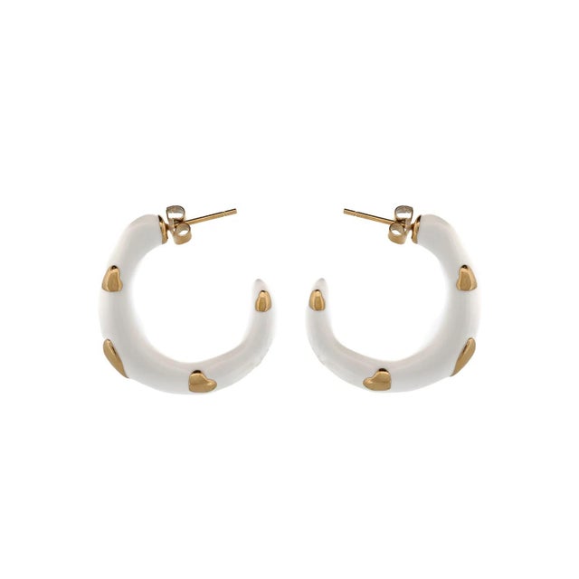 Gold Heart White Hoop Earrings, A Pair For Sale - Image 9 of 9