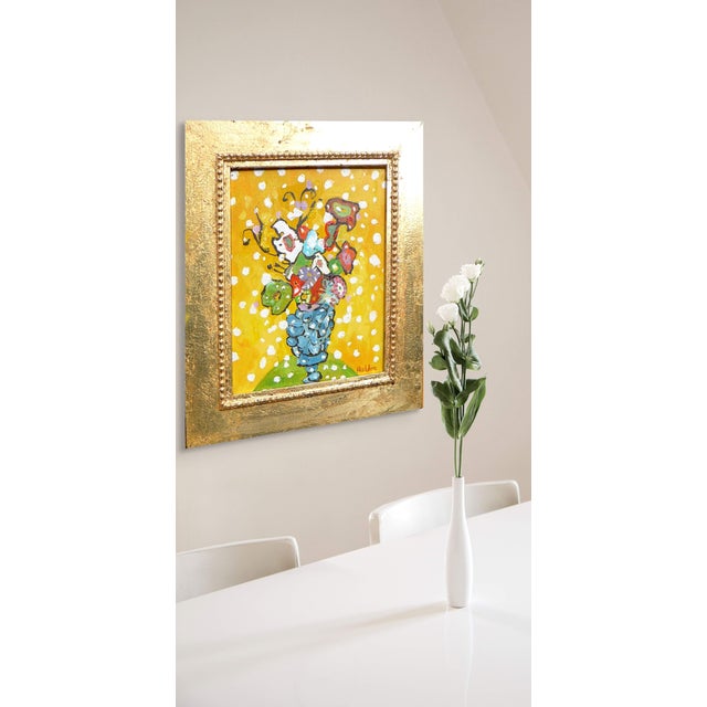 Bright and vibrant oil painting on a wood panel. The painting is of a beautiful bouquet of flowers in a sculptural vase....