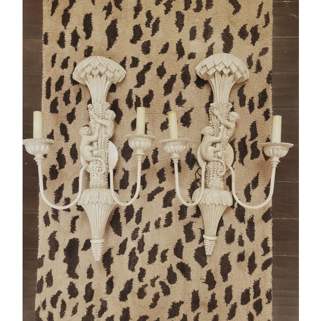 Vintage Regency Palm Tree Monkey 2 Arm Off White Hardwire Wall Sconce Lights Lamps- a Pair For Sale In West Palm - Image 6 of 11