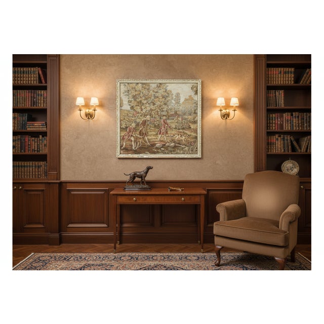 Large Vintage Framed French Hunting Scene Tapestry – Aubusson-Style Verdure Jacquard For Sale - Image 10 of 10