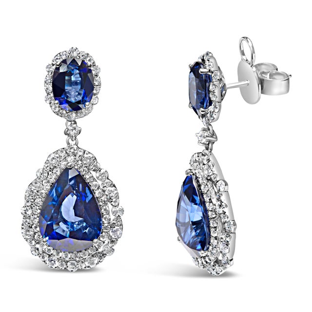 Contemporary 18K White Gold Blue Sapphire 2 3/4 Cttw Diamond Halo Drop Dangle Earring (G-H Color, SI1-SI2 Clarity For Sale - Image 3 of 5