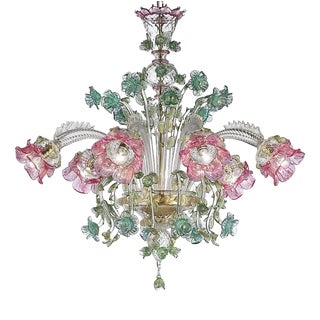 Ornate Venetian Pink and Green Floreal Murano Glass Chandelier by Simoeng For Sale