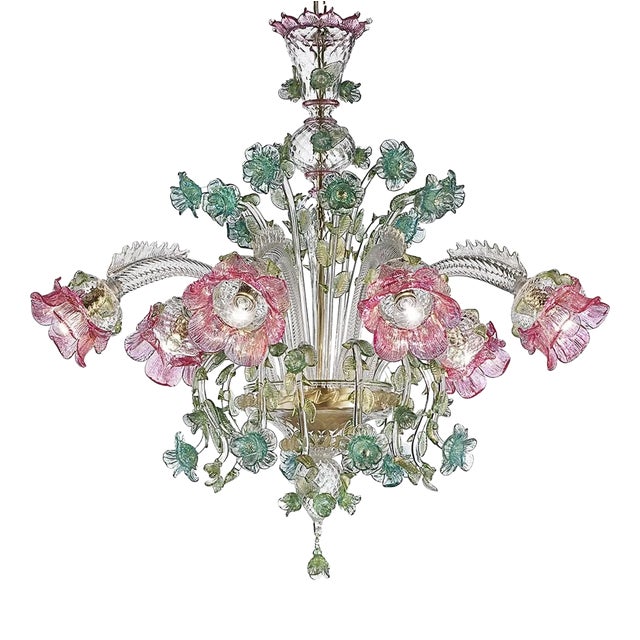 Ornate Venetian Pink and Green Floreal Murano Glass Chandelier by Simoeng For Sale