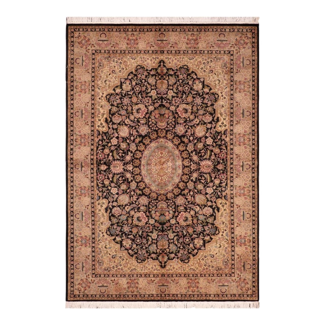 Shabby Chic Medallion 1990's Pak-Persian Black/Taupe Wool Rug - 6'2'' X 9'2'' For Sale