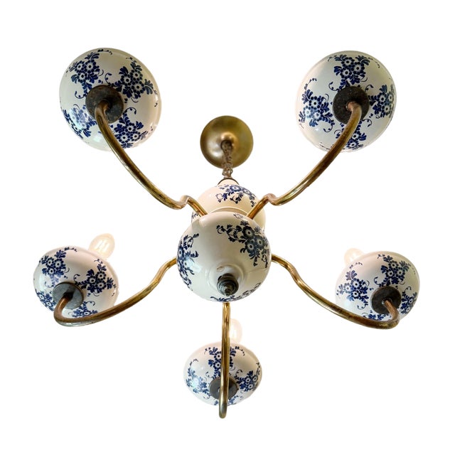 Delft Vintage Dutch Delft Blue & White Porcelain and Patinated Brass 5-Arm Chandelier For Sale - Image 4 of 4