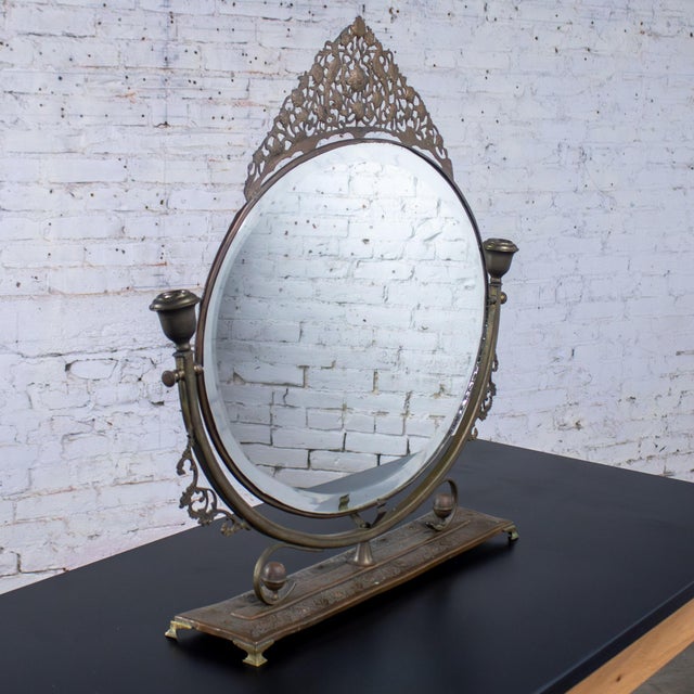 Late 19th to Early 20th Century Art Nouveau Tabletop Metal Vanity Oval Beveled Mirror W/Candle Holders For Sale - Image 13 of 18